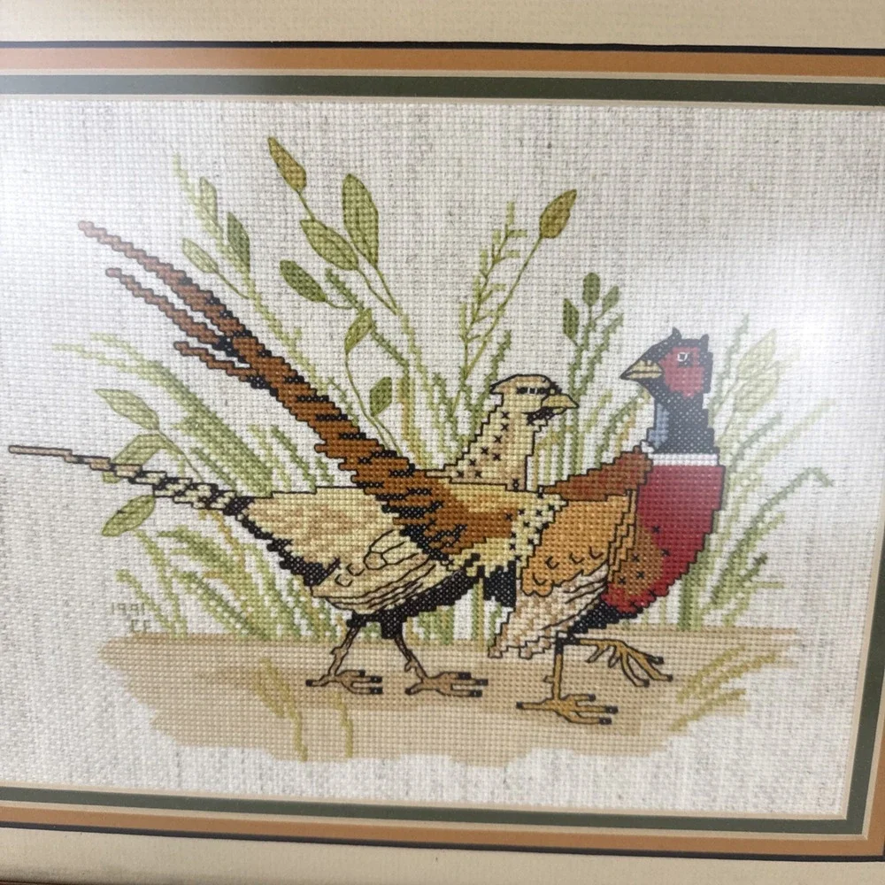 Needlepoint Framed Pheasants Cream Vintage Matte Wood Frame 15.5
